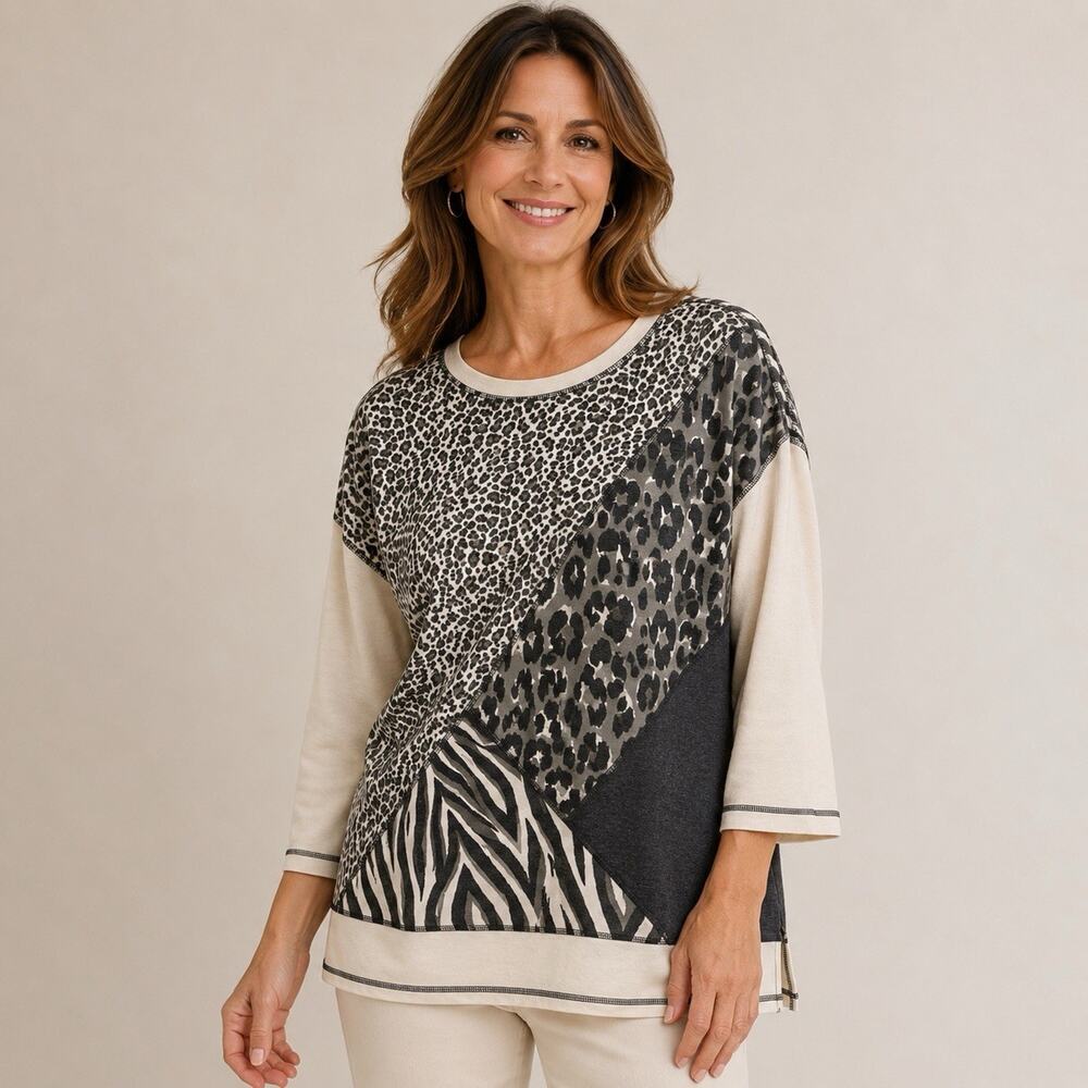 Multiples 1X Abstract Animal Print Soft Tunic Sweatshirt Gray Roundneck Pullover